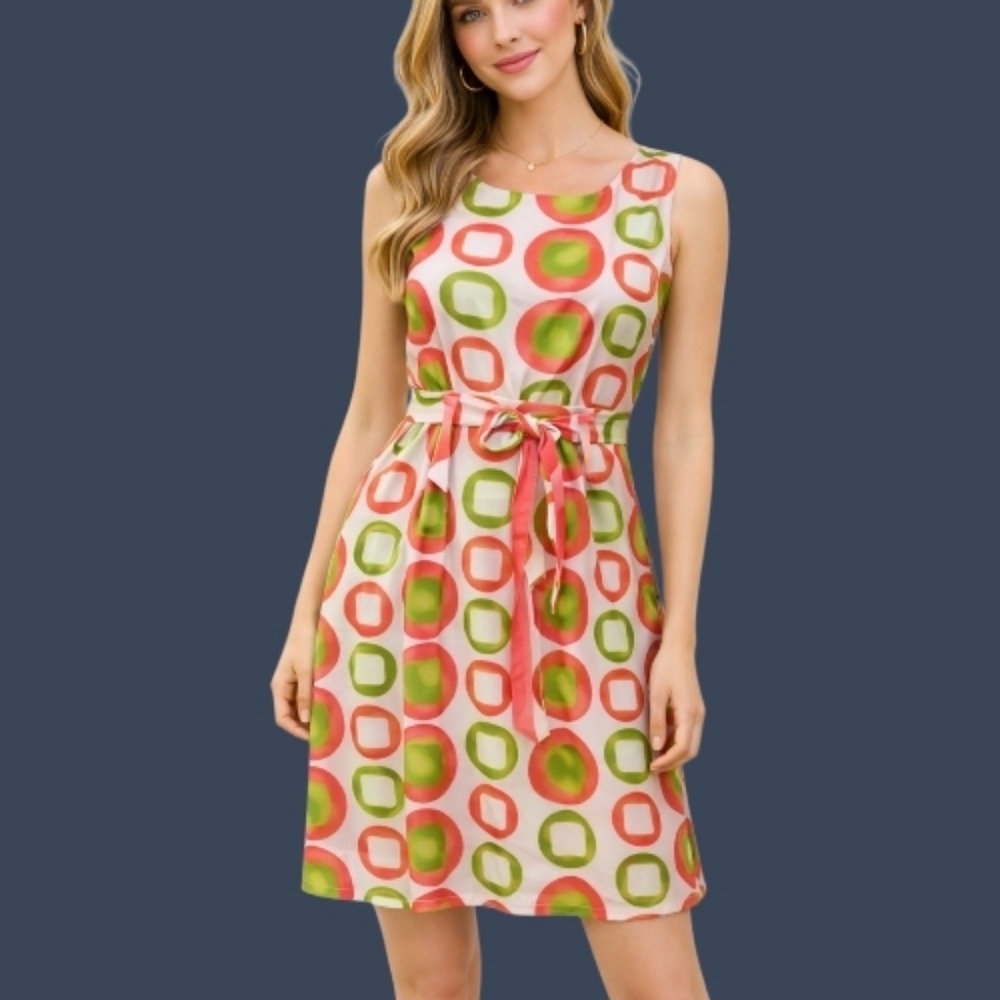 KIM ROGERS Pink Green Sleeveless Space Age Atomic Mod Tie Waist Dress Medium